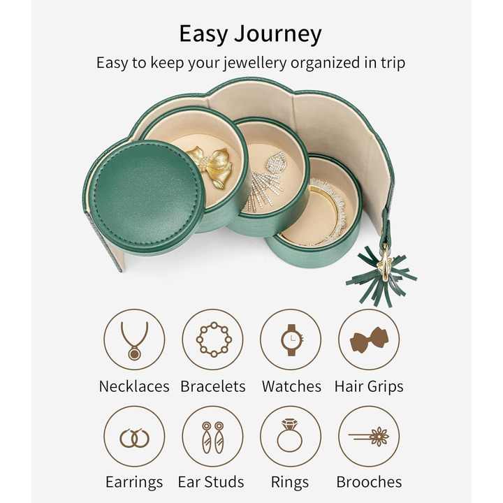 Black and Khaki Elegant 3-Tier Cylindrical Travel Jewellery Box - PU Leather Organizer for Rings Earrings Necklaces with Tassel Charm