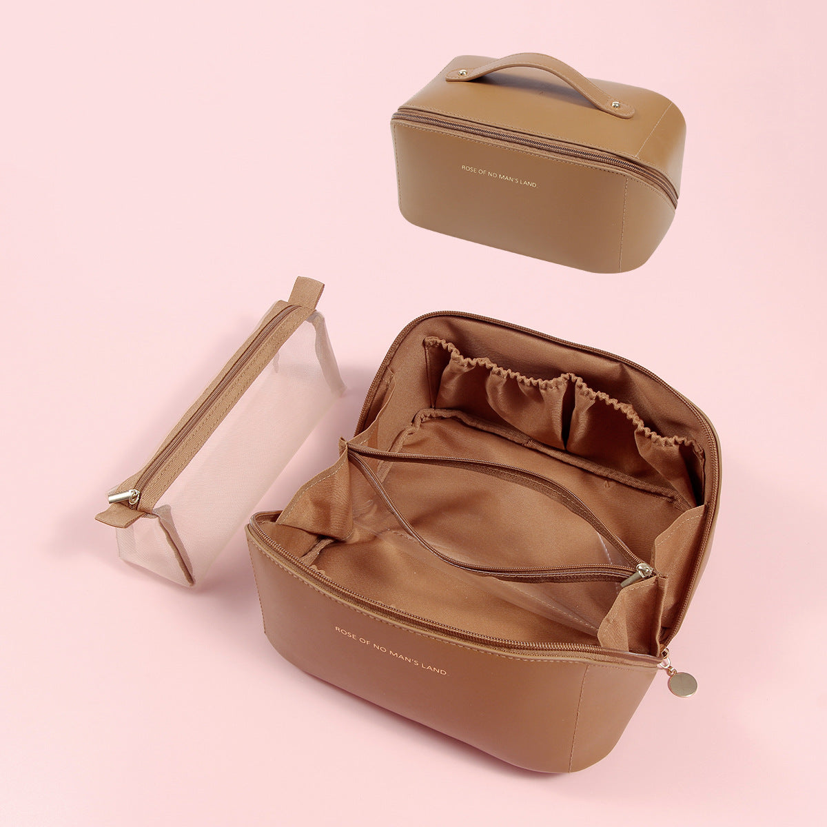 Brown Elegant PU Leather Makeup Bag & Toiletry Organizer with Detachable Mesh Pouch - Large Capacity Travel Cosmetic Case