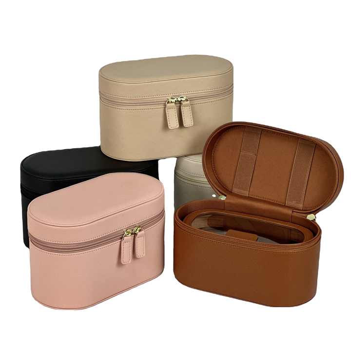 Brown Elegant PU Leather Makeup & Toiletry Bag - Large Capacity Travel Cosmetic Organizer with Brush Holder