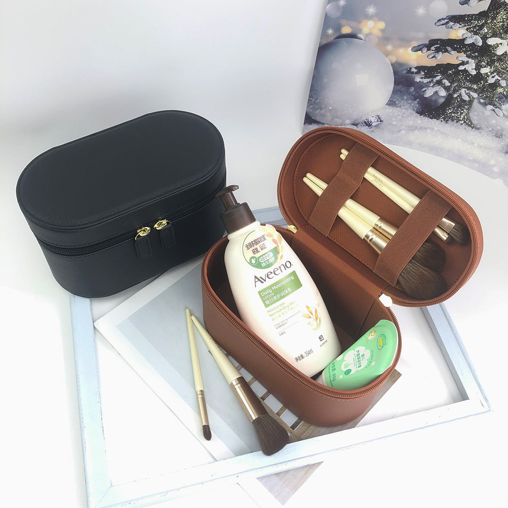 Pink Elegant PU Leather Makeup & Toiletry Bag - Large Capacity Travel Cosmetic Organizer with Brush Holder