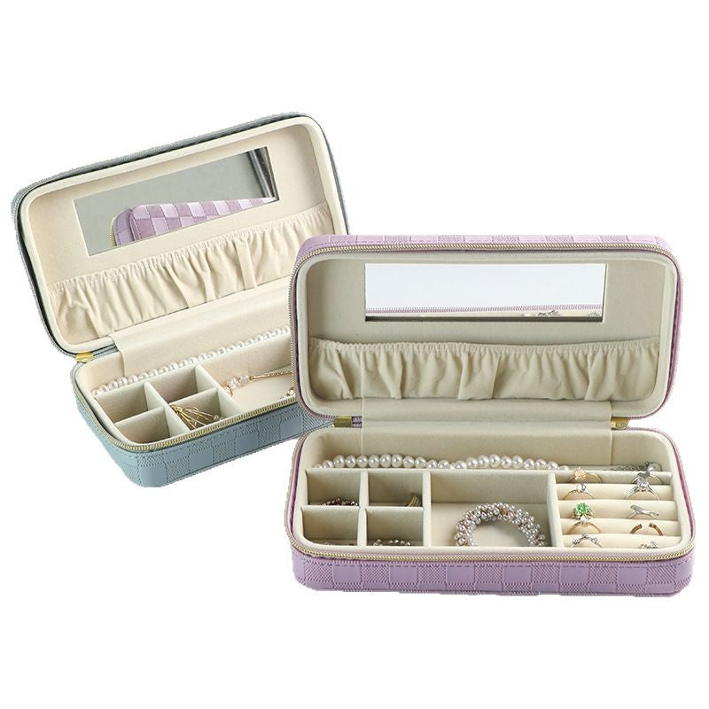 Blue Stylish PU Leather Travel Jewellery Box - Compact Organizer for Rings, Earrings, Necklaces with Mirror