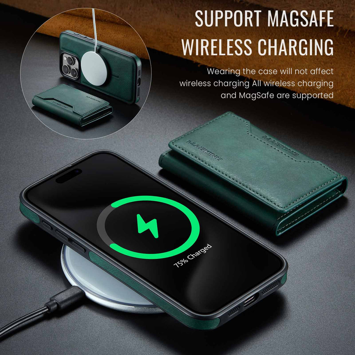 Green Premium MagSafe Wallet Case for iPhone 16 Pro Max - Detachable PU Leather Magnetic Card Holder