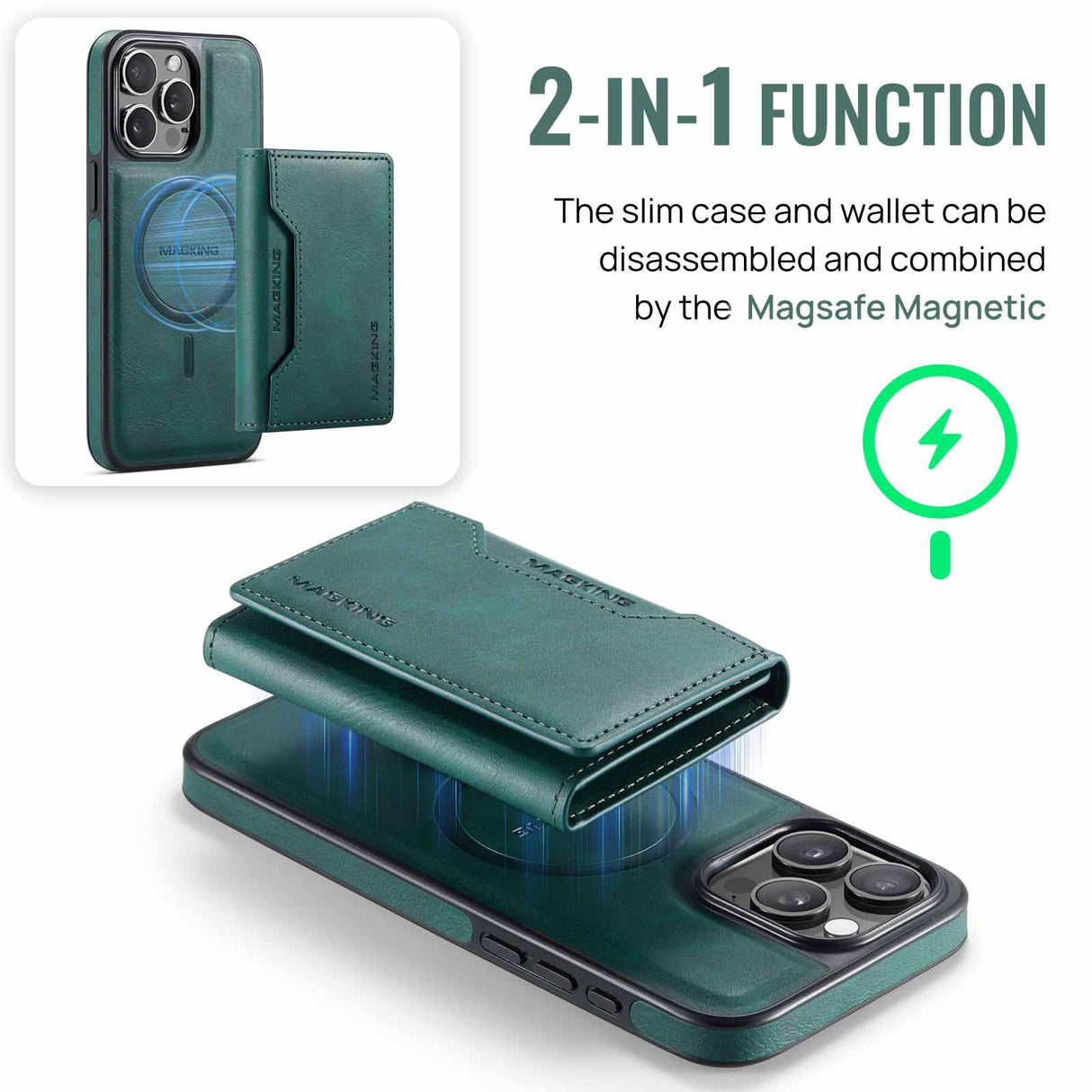 Green Premium MagSafe Wallet Case for iPhone 16 Pro Max - Detachable PU Leather Magnetic Card Holder