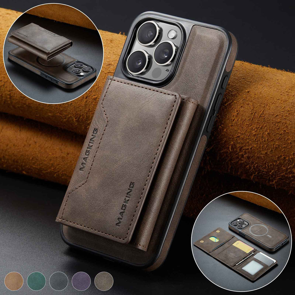 Coffee Premium MagSafe Wallet Case for iPhone 16 Pro - Detachable PU Leather Magnetic Card Holder
