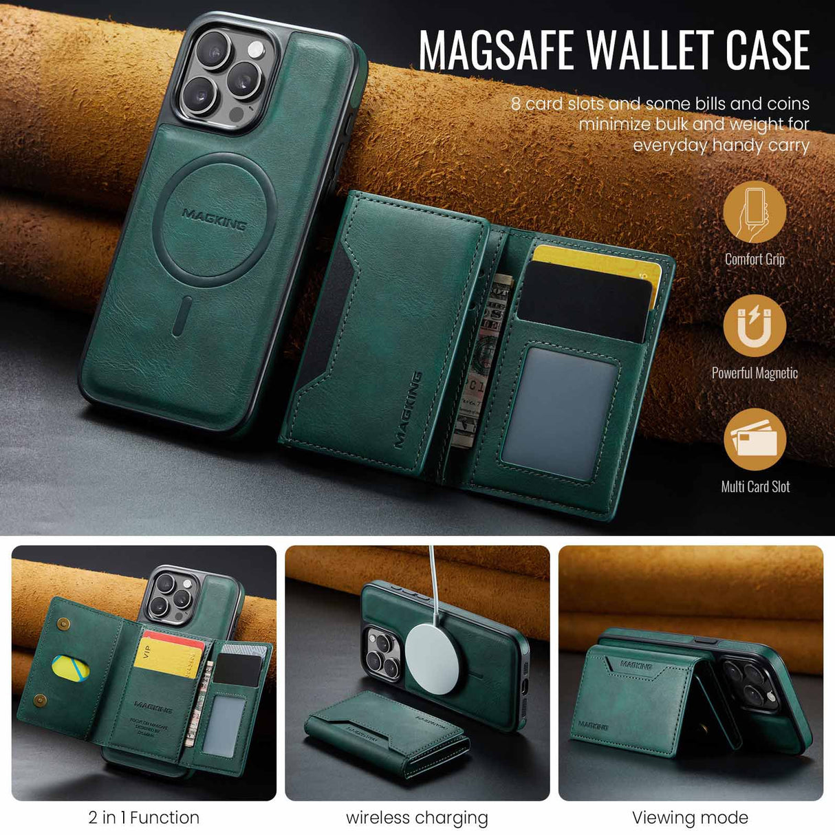 Coffee Premium MagSafe Wallet Case for iPhone 16 Pro - Detachable PU Leather Magnetic Card Holder