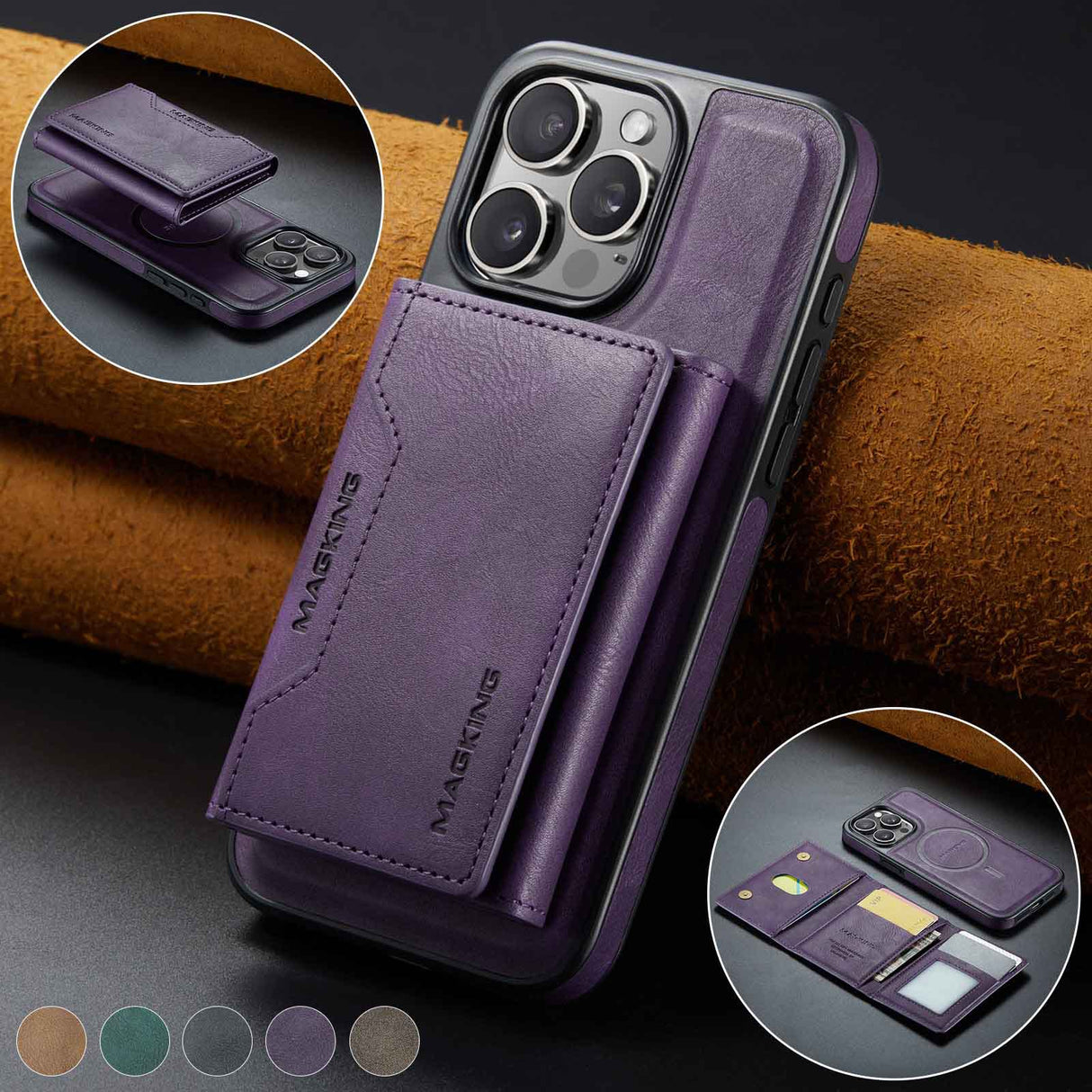 Purple Premium MagSafe Wallet Case for iPhone 16 Pro - Detachable PU Leather Magnetic Card Holder
