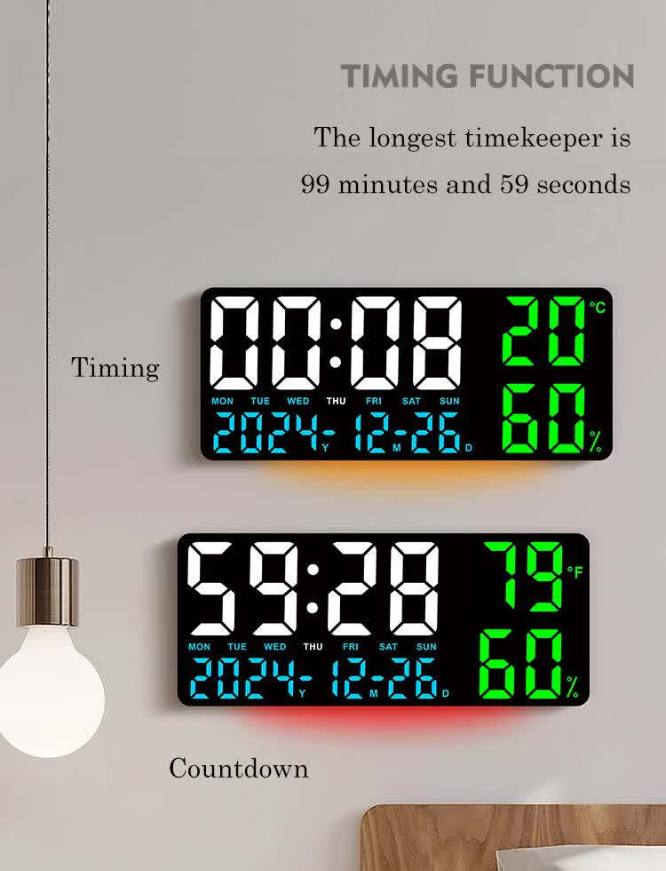 Black Background With Blue,Green and White Light Sleek Large LED Digital Wall & Desk Clock - Remote Control, Temperature, Humidity, Dual Alarms,