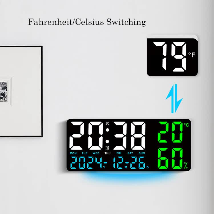Black Background With Blue,Green and White Light Sleek Large LED Digital Wall & Desk Clock - Remote Control, Temperature, Humidity, Dual Alarms, Calendar