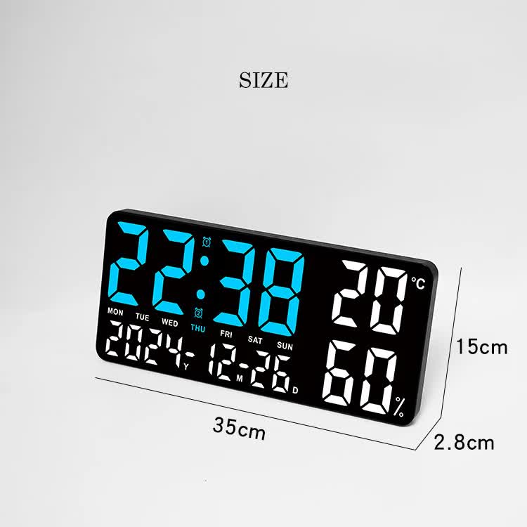 Black Background With Blue,Green and White Light Sleek Large LED Digital Wall & Desk Clock - Remote Control, Temperature, Humidity, Dual Alarms, Calendar