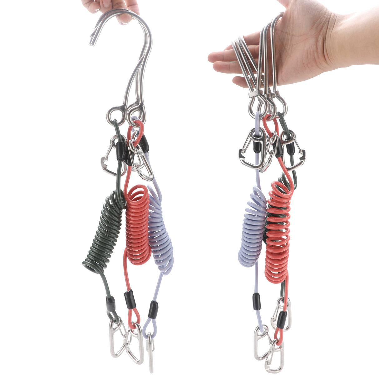 Red Pro 316 Stainless Steel Diving Reef Hook - Single, Double Combo Pack - Current Hook with Coiled Safety Lanyard