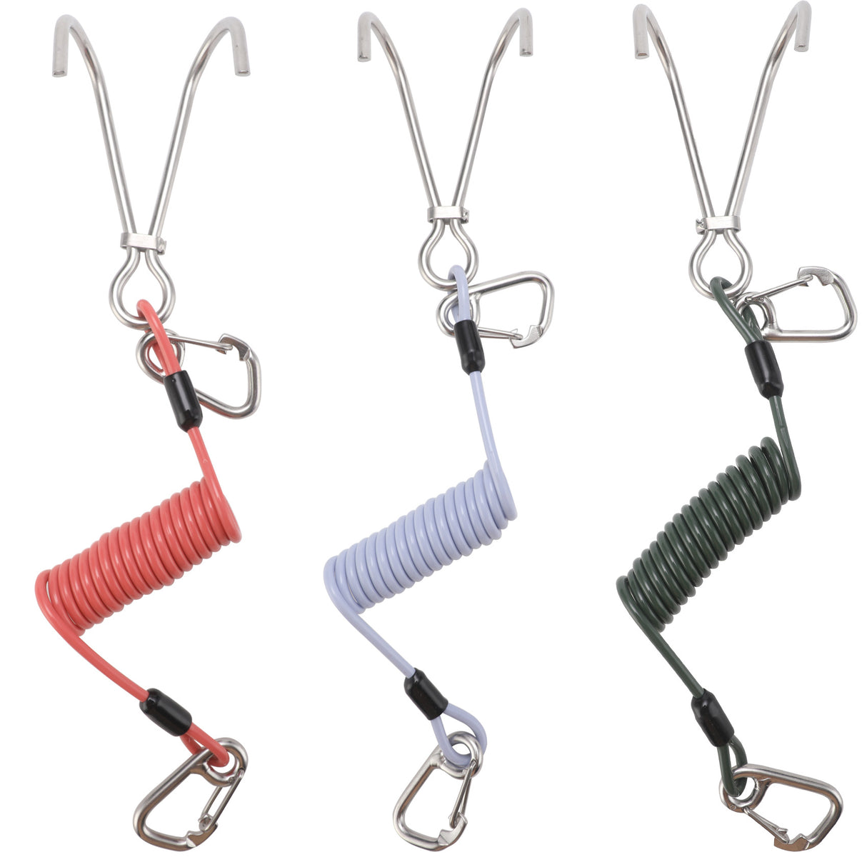 Red Pro 316 Stainless Steel Diving Reef Hook - Single, Double Combo Pack - Current Hook with Coiled Safety Lanyard