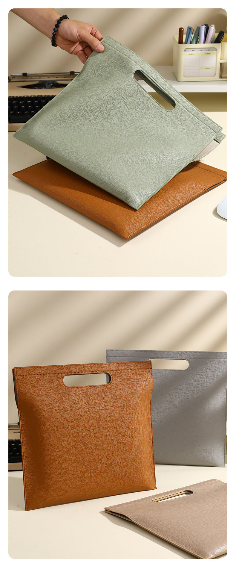 Grey Professional A4 PU Leather Document Bag - Waterproof Handheld File Folder Portfolio for Business & Conference