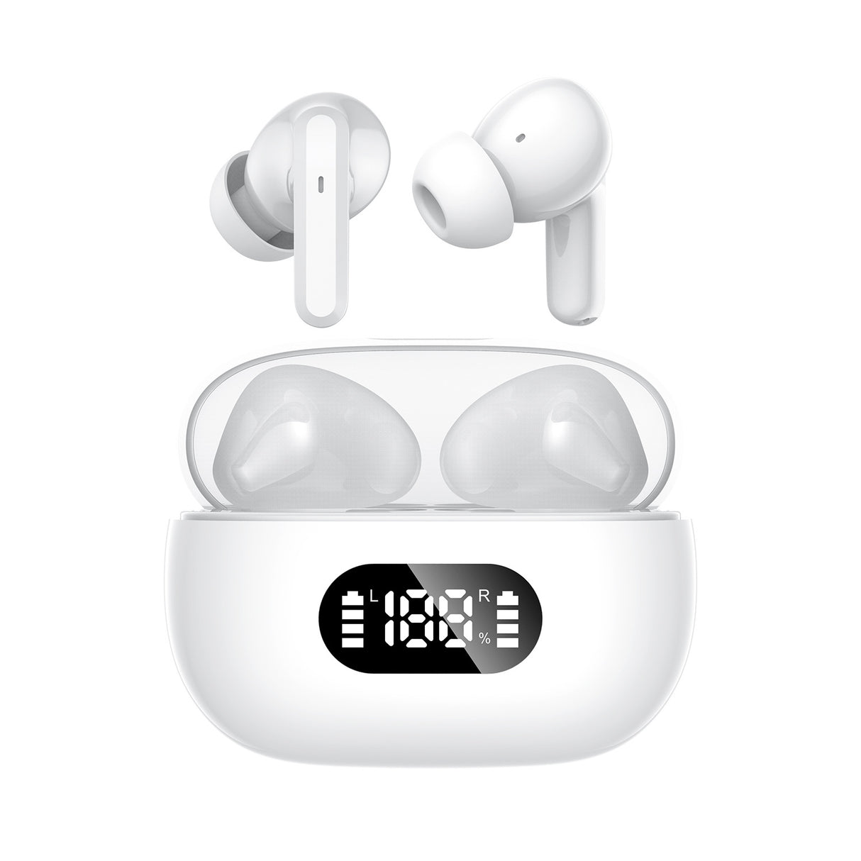 White ProBeat X5 TWS Earbuds: Bluetooth 5.3, LED Smart Display Case, Intuitive Touch Controls, Extended Playtime