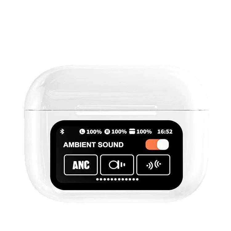 White AuraTune Pro: TWS Earbuds with Interactive LCD Case, ANC+ENC Noise Cancellation, AI Translation & EQ Modes