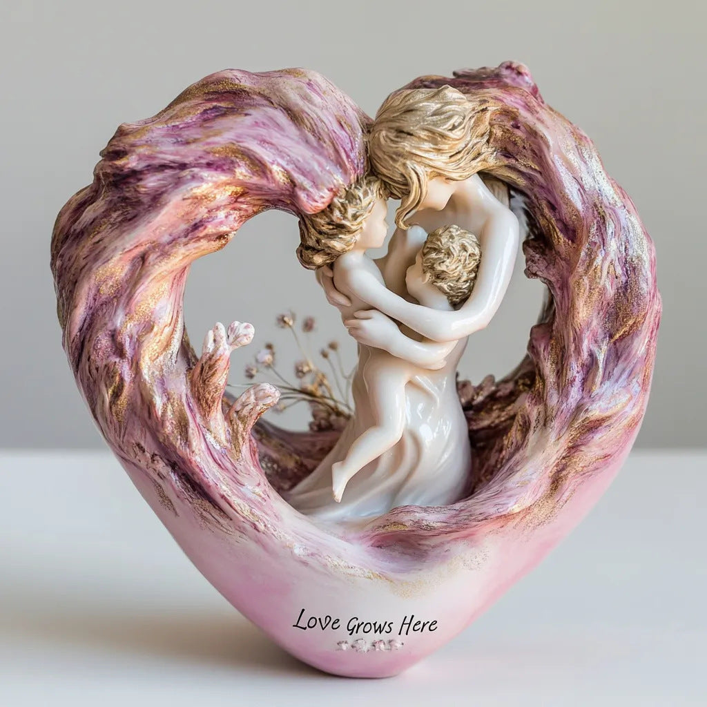 Pink Heartfelt Mother & Two Children Resin Figurine - Love Grows Here Decorative Home Accent Sculpture