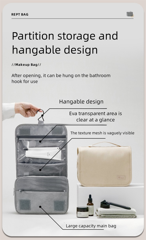 Grey Eco-Friendly RPET Hanging Toiletry Bag - Large Capacity Waterproof Travel Makeup Organizer