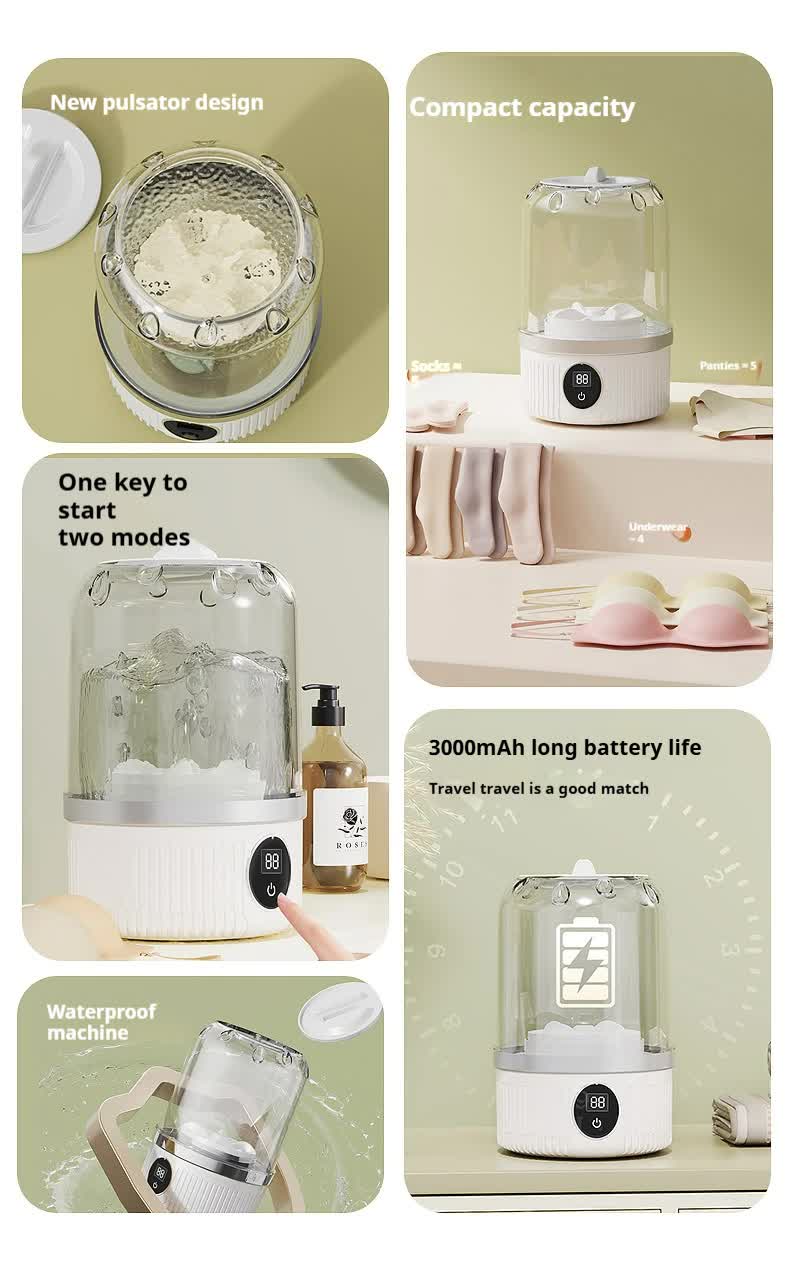 White Portable Mini Washing Machine - Rechargeable USB-C Electric Washer for Travel, Delicates & Socks