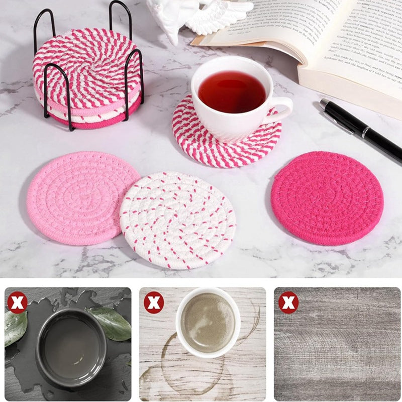 Grey Absorbent Woven Cotton Coasters - Set of 8 with Metal Holder - Heat Resistant Drink Mats for Table Protection