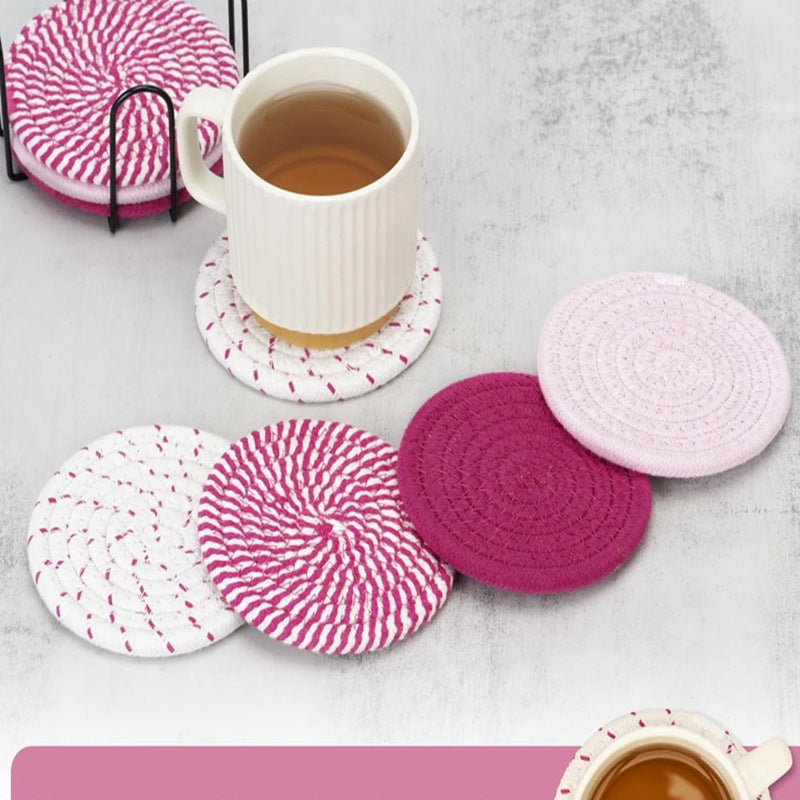 Khaki Absorbent Woven Cotton Coasters - Set of 8 with Metal Holder - Heat Resistant Drink Mats for Table Protection