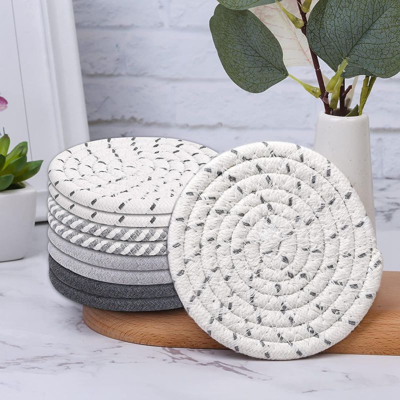 Khaki Absorbent Woven Cotton Coasters - Set of 8 with Metal Holder - Heat Resistant Drink Mats for Table Protection