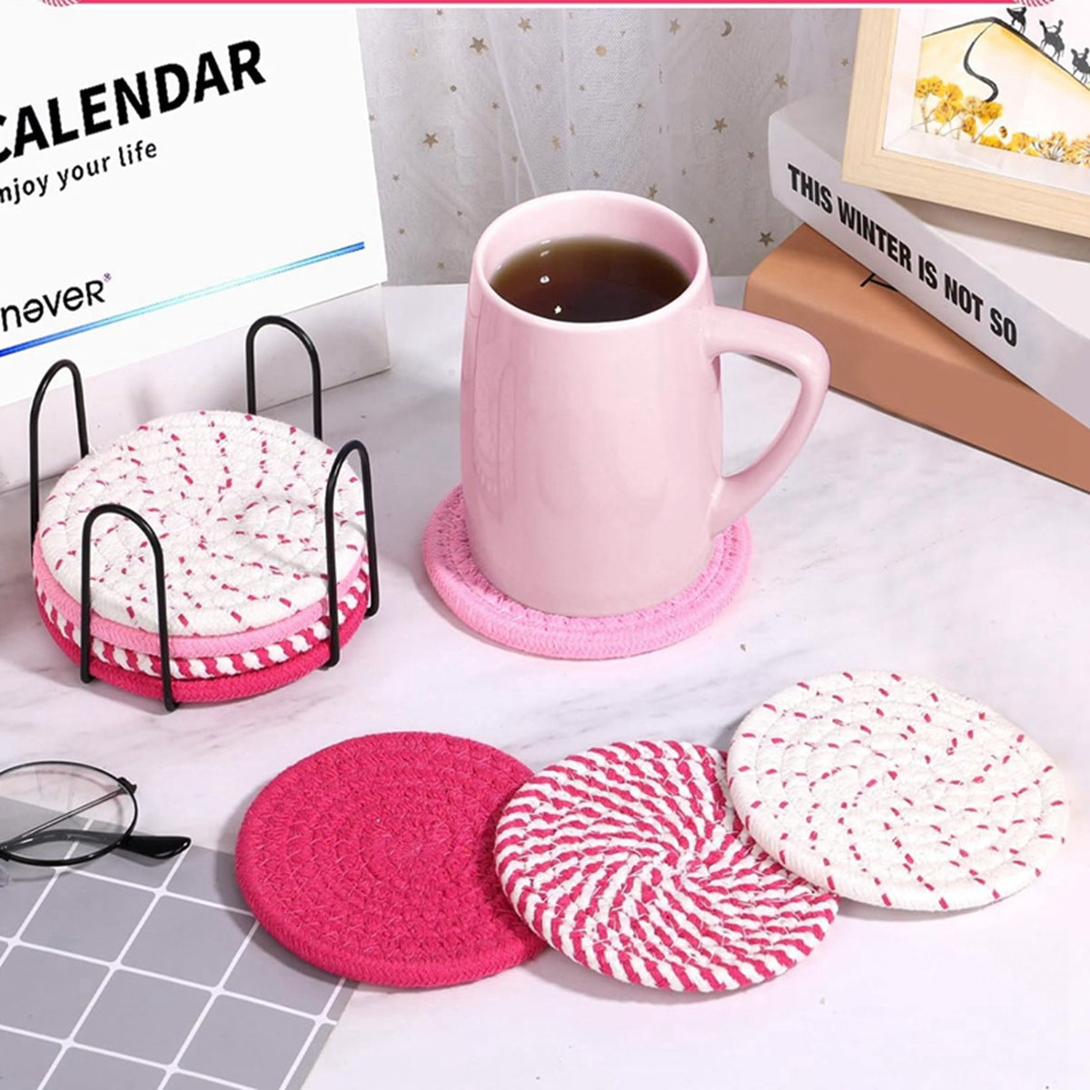 Beige Absorbent Woven Cotton Coasters - Set of 8 with Metal Holder - Heat Resistant Drink Mats for Table Protection