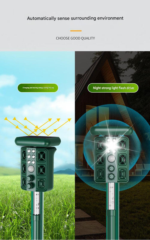 Green Solar Powered Ultrasonic Animal Repeller - Multi-Frequency Pest Deterrent with Motion Sensor, LED Strobe & Illumination Light