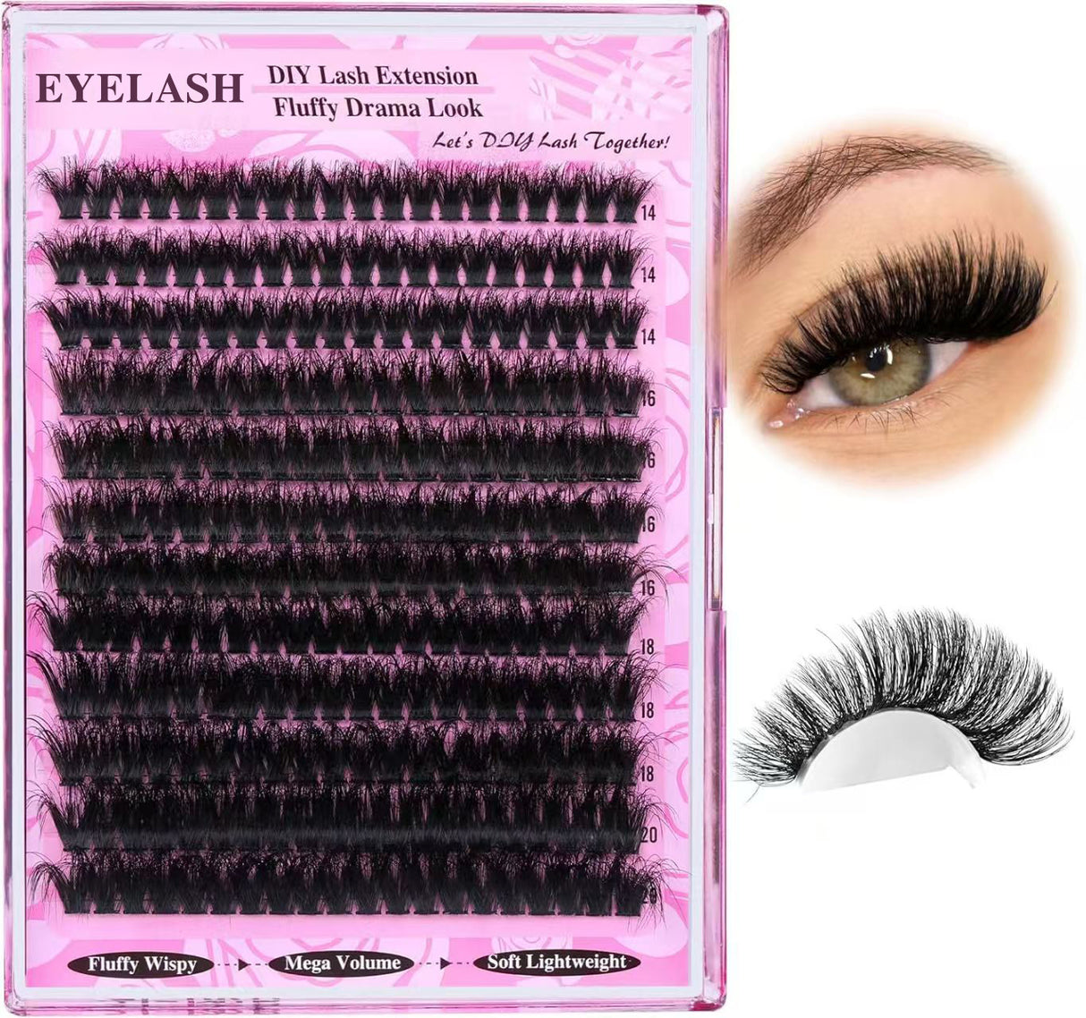 3 Pcs Black Mega Volume 200D DIY Lash Clusters - D Curl Faux Mink, Fluffy Drama Look, Mixed Lengths (14-20mm) for Custom Extensions
