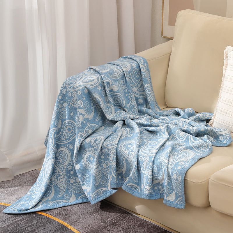 Blue Luxurious Paisley Jacquard Throw Blanket - Soft Wool Blend with Tassels, 120x150cm, Lightweight Sofa & Nap Blanket