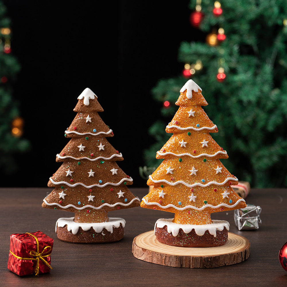 2 Pcs (1 Yellow 1 Brown) Charming Gingerbread Christmas Tree Figurine - Festive Resin Holiday Table Decor Ornament