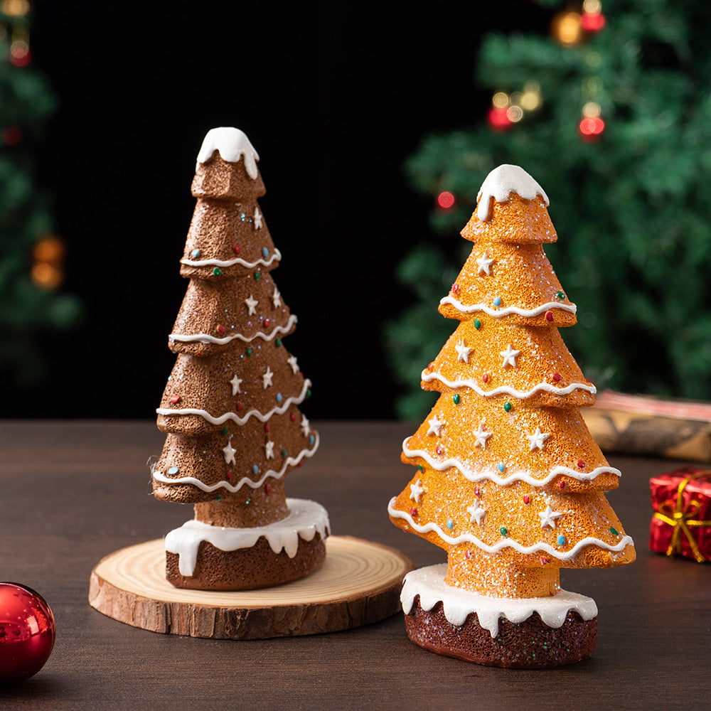 2 Pcs (1 Yellow 1 Brown) Charming Gingerbread Christmas Tree Figurine - Festive Resin Holiday Table Decor Ornament