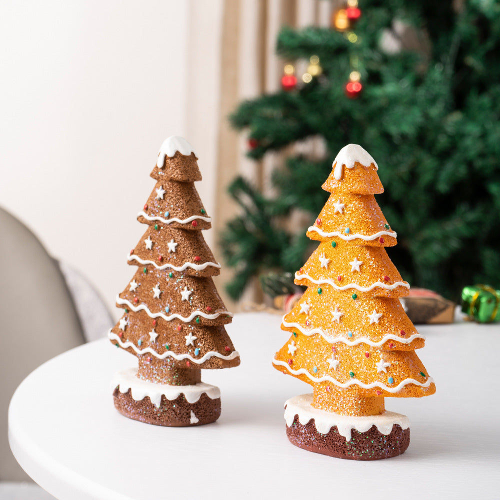2 Pcs (1 Yellow 1 Brown) Charming Gingerbread Christmas Tree Figurine - Festive Resin Holiday Table Decor Ornament