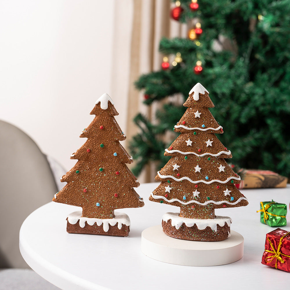 2 Pcs (1 Yellow 1 Brown) Charming Gingerbread Christmas Tree Figurine - Festive Resin Holiday Table Decor Ornament