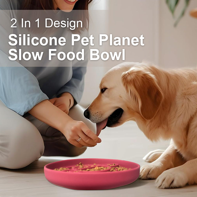 Dark Red Silicone Planet Slow Feeder Dog Bowl - 2-in-1 Anti-Choke Lick Mat for Healthy Eating & Fun