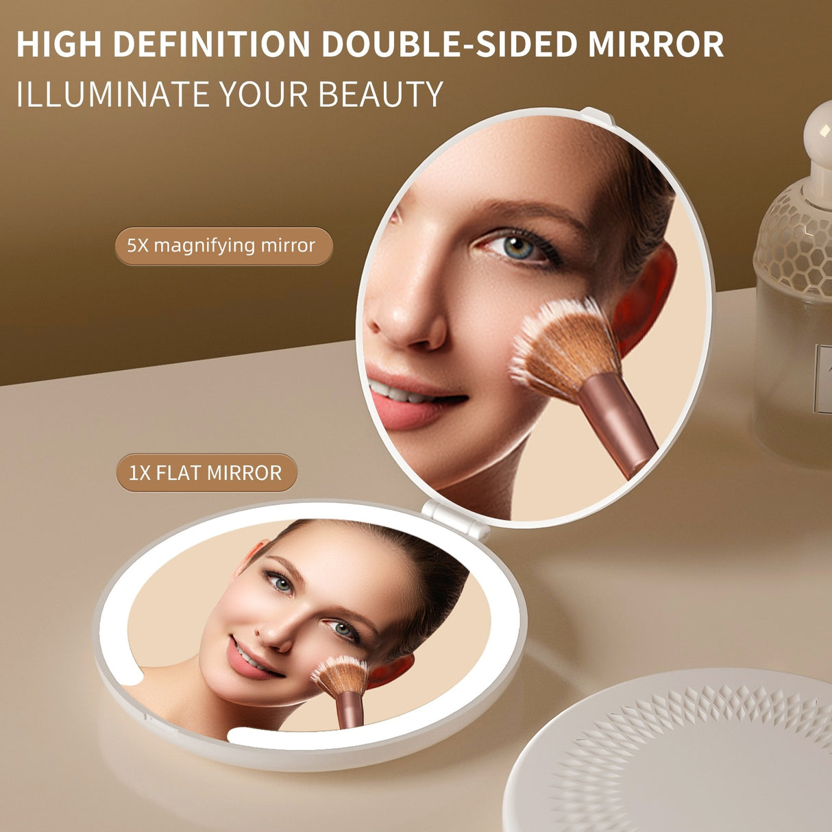 Yellow LED Travel Makeup Mirror - Rechargeable Compact Mirror with 3 Color Lights, 1x/5x Magnification & Smart Auto On/Off