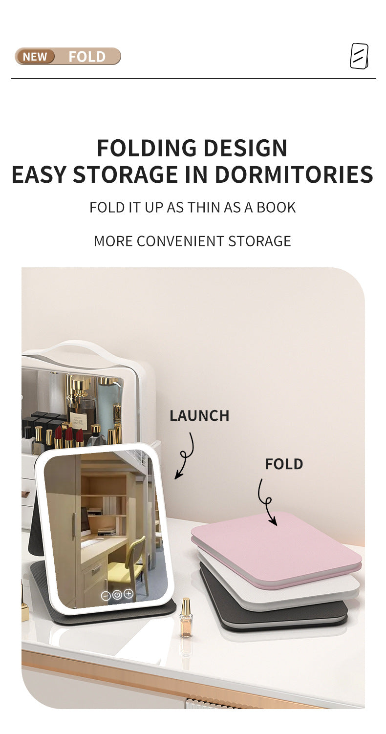 White Large Foldable LED Makeup Mirror - Portable Desktop Vanity with 3 Color Lights, Stepless Dimming & Adjustable Stand