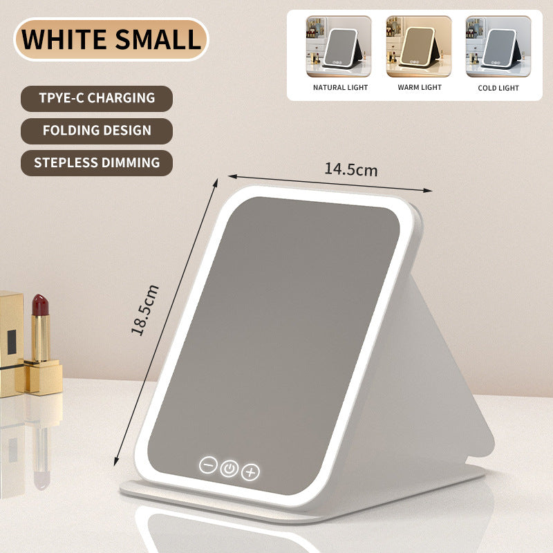 White Small Foldable LED Makeup Mirror - Portable Desktop Vanity with 3 Color Lights, Stepless Dimming & Adjustable Stand