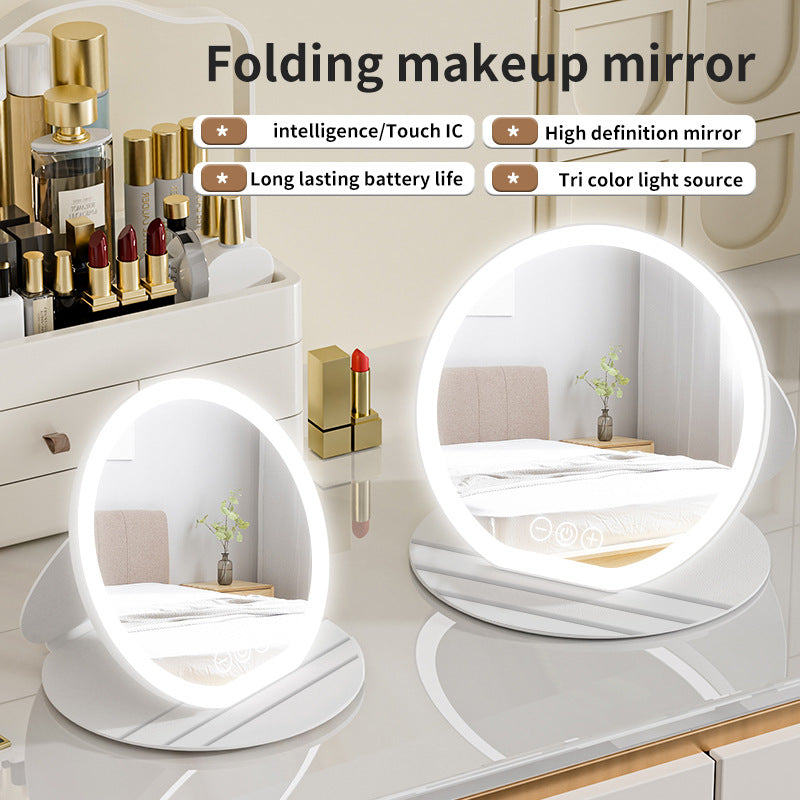 White Large Round Foldable LED Makeup Mirror - 22cm Desktop Vanity with 3 Color Lights & Stepless Dimming