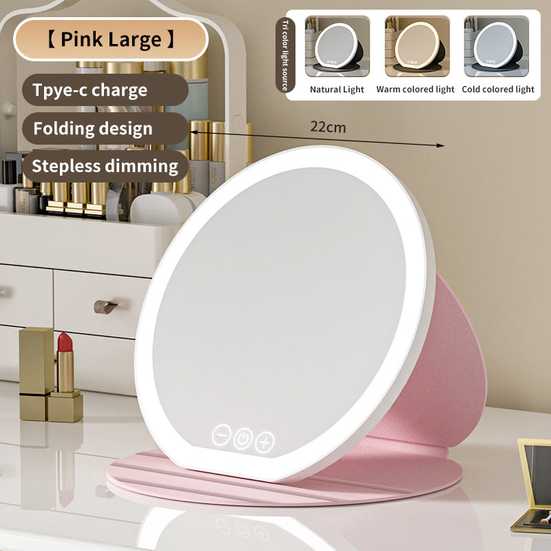 Pink Large Round Foldable LED Makeup Mirror - 22cm Desktop Vanity with 3 Color Lights & Stepless Dimming