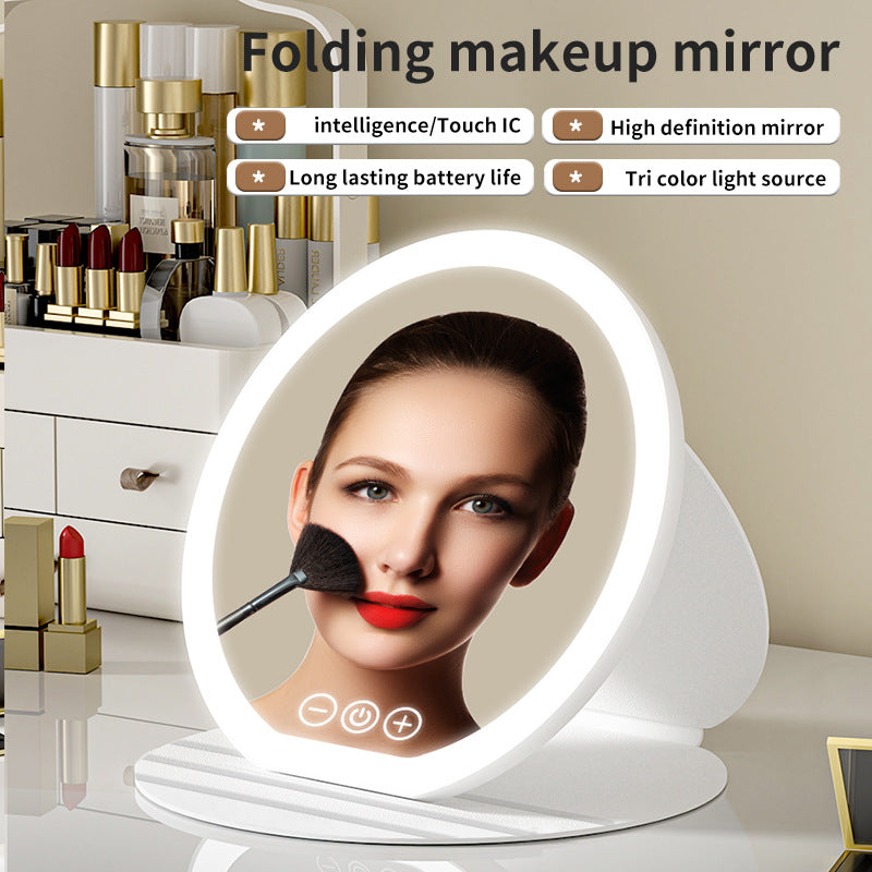 White Small Round Foldable LED Makeup Mirror - 18.5cm Desktop Vanity with 3 Color Lights & Stepless Dimming
