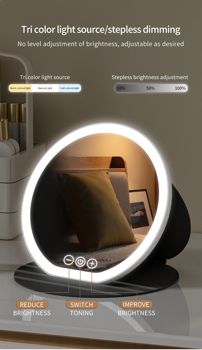 White Small Round Foldable LED Makeup Mirror - 18.5cm Desktop Vanity with 3 Color Lights & Stepless Dimming