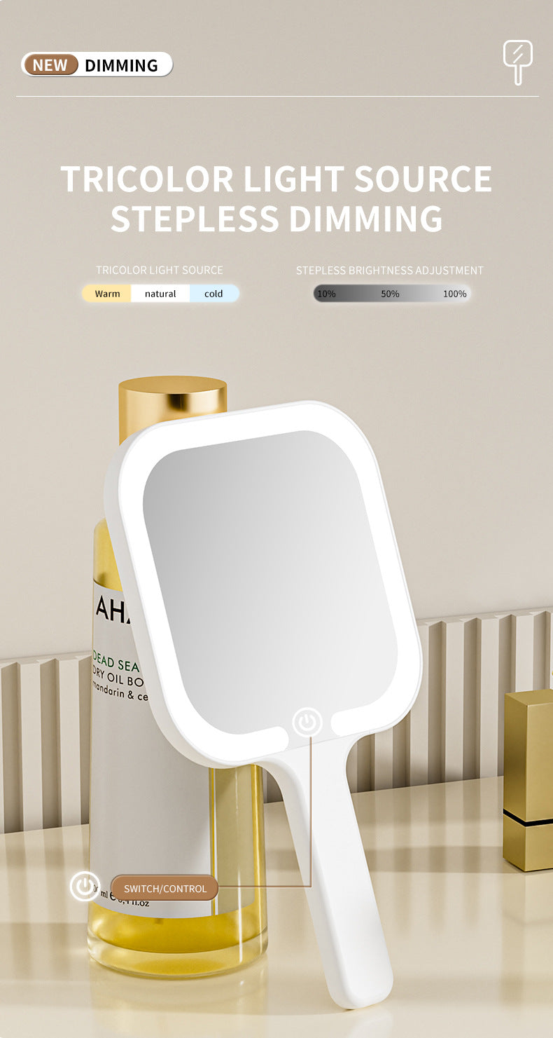 White Square Portable Handheld LED Makeup Mirror - USB-C Rechargeable with 3 Color Light Modes for On-The-Go Touch-Ups