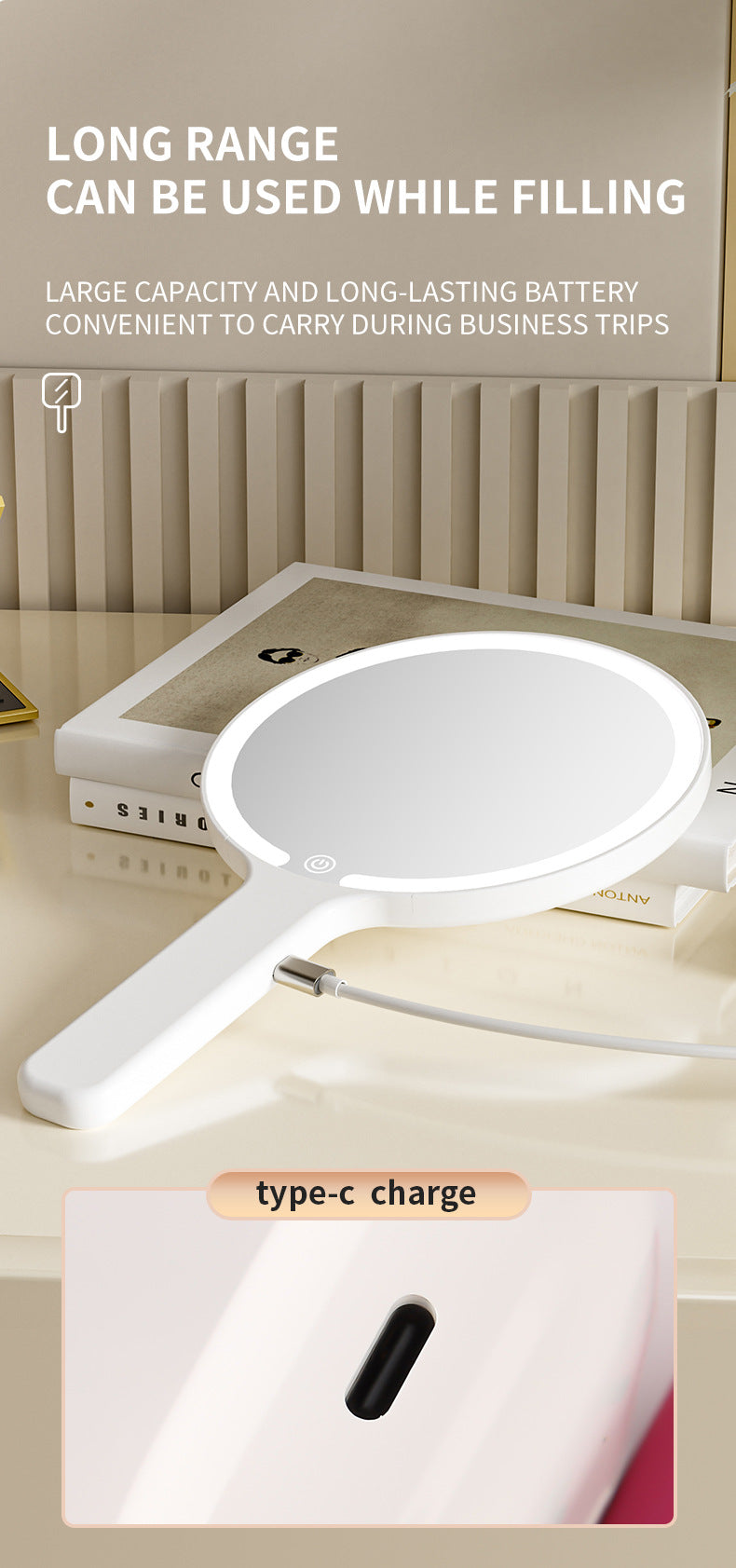 White Round Portable Handheld LED Makeup Mirror - USB-C Rechargeable with 3 Color Light Modes for On-The-Go Touch-Ups