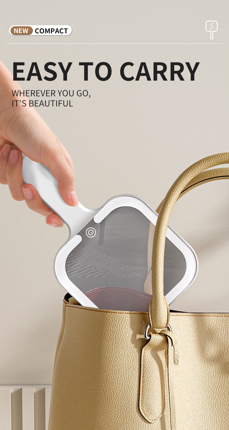 White Round Portable Handheld LED Makeup Mirror - USB-C Rechargeable with 3 Color Light Modes for On-The-Go Touch-Ups