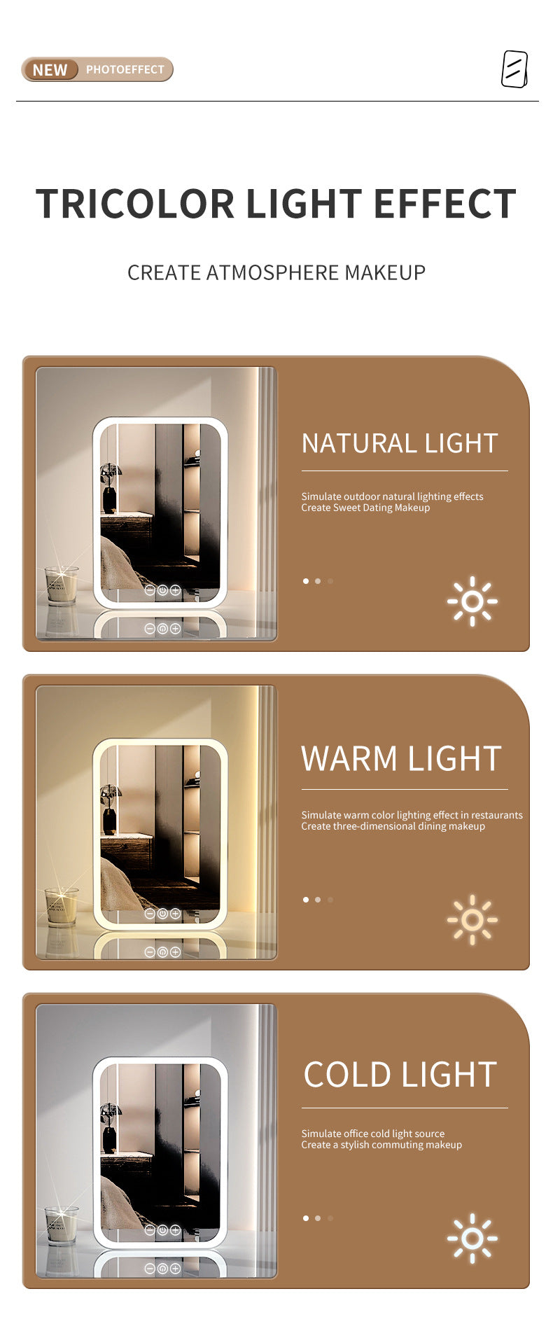 Pink Professional LED Vanity Mirror - 3 Color Lights, Stepless Dimming & Adjustable Rotating Stand, USB-C Rechargeable