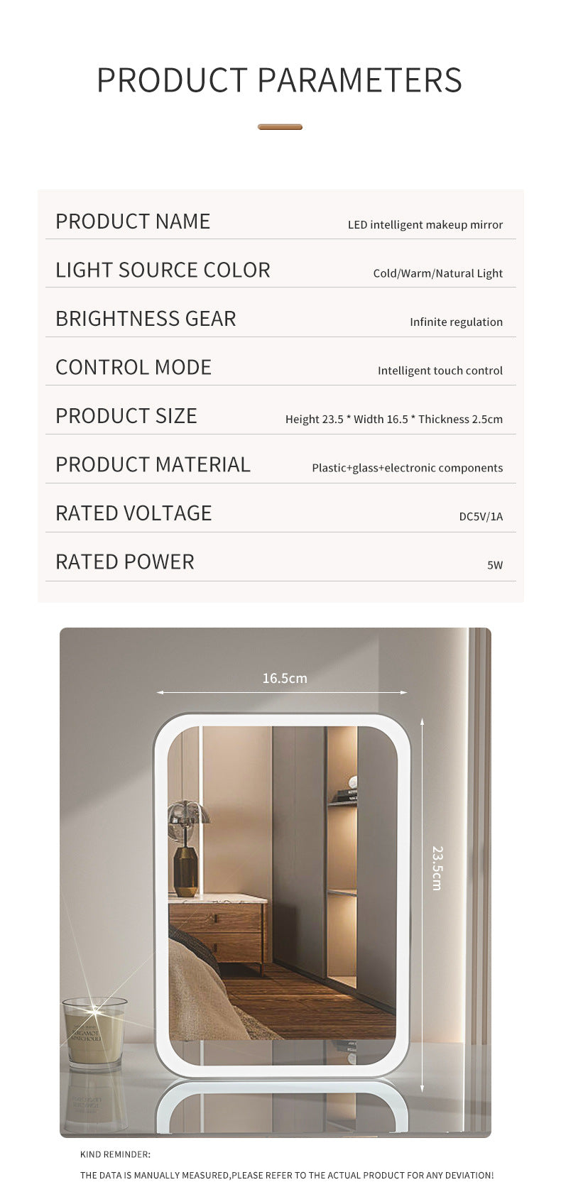 Pink Professional LED Vanity Mirror - 3 Color Lights, Stepless Dimming & Adjustable Rotating Stand, USB-C Rechargeable