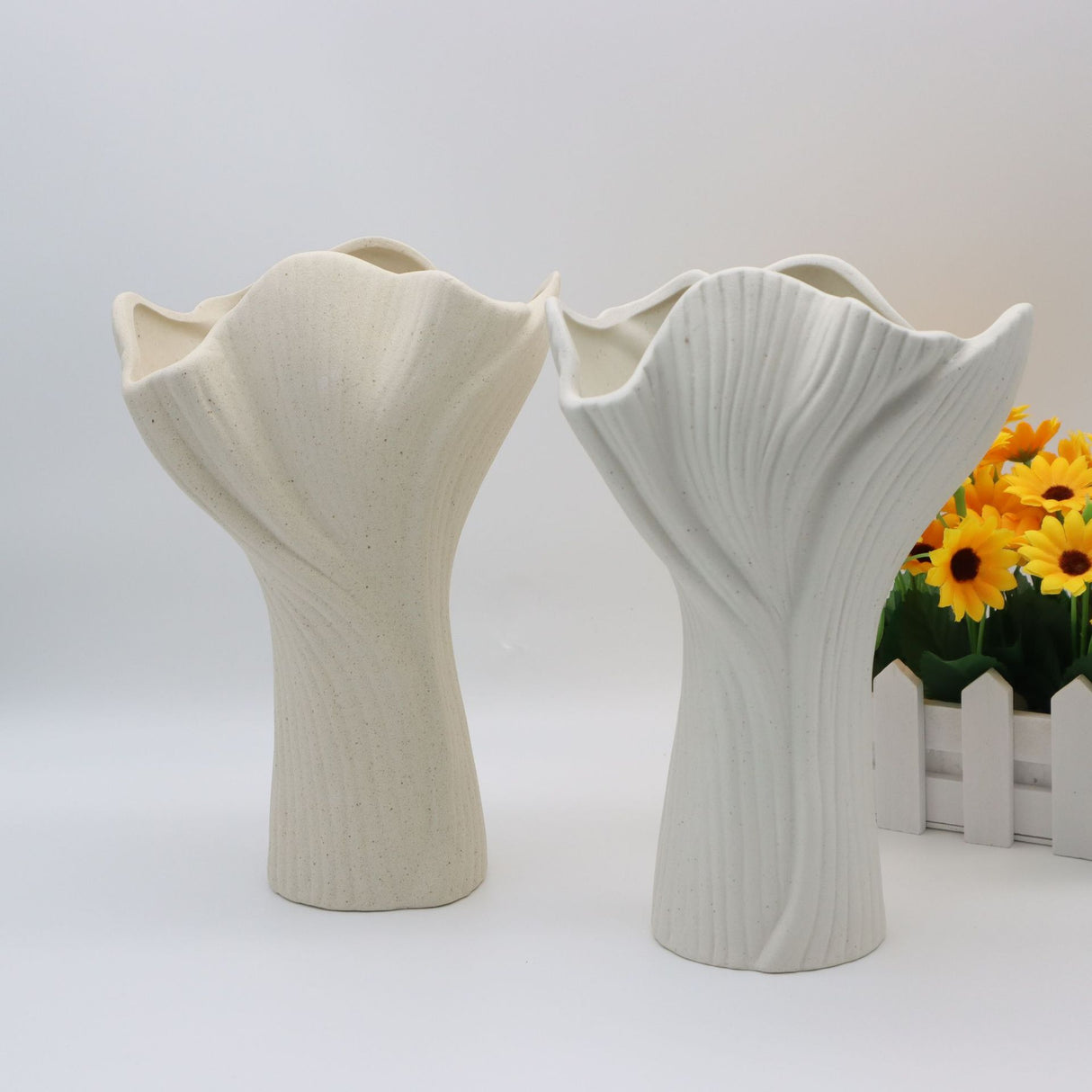 White Elegant Off-White Ceramic Vase - Modern Sculptural Flower Holder with Wide Fluted Opening