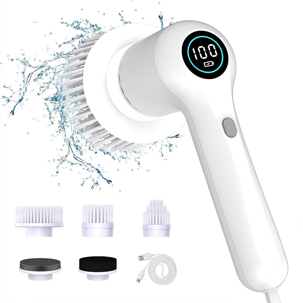 White Rechargeable Electric Spin Scrubber - Waterproof Power Cleaning Brush with 5 Heads & Digital Display for Bathroom, Kitchen & More