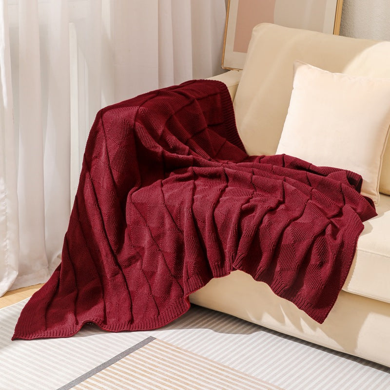 Claret Red Cozy Lightweight Acrylic Knit Throw Blanket - Diamond Waffle Texture for Sofa, Bed & Travel