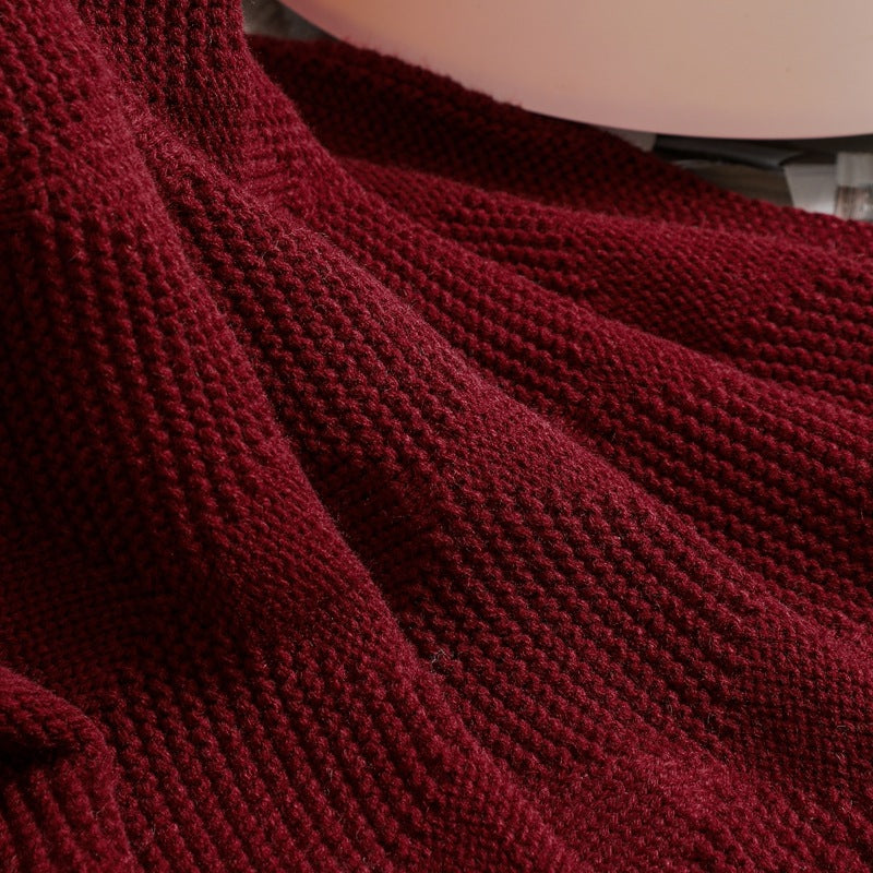 Claret Red Cozy Lightweight Acrylic Knit Throw Blanket - Diamond Waffle Texture for Sofa, Bed & Travel