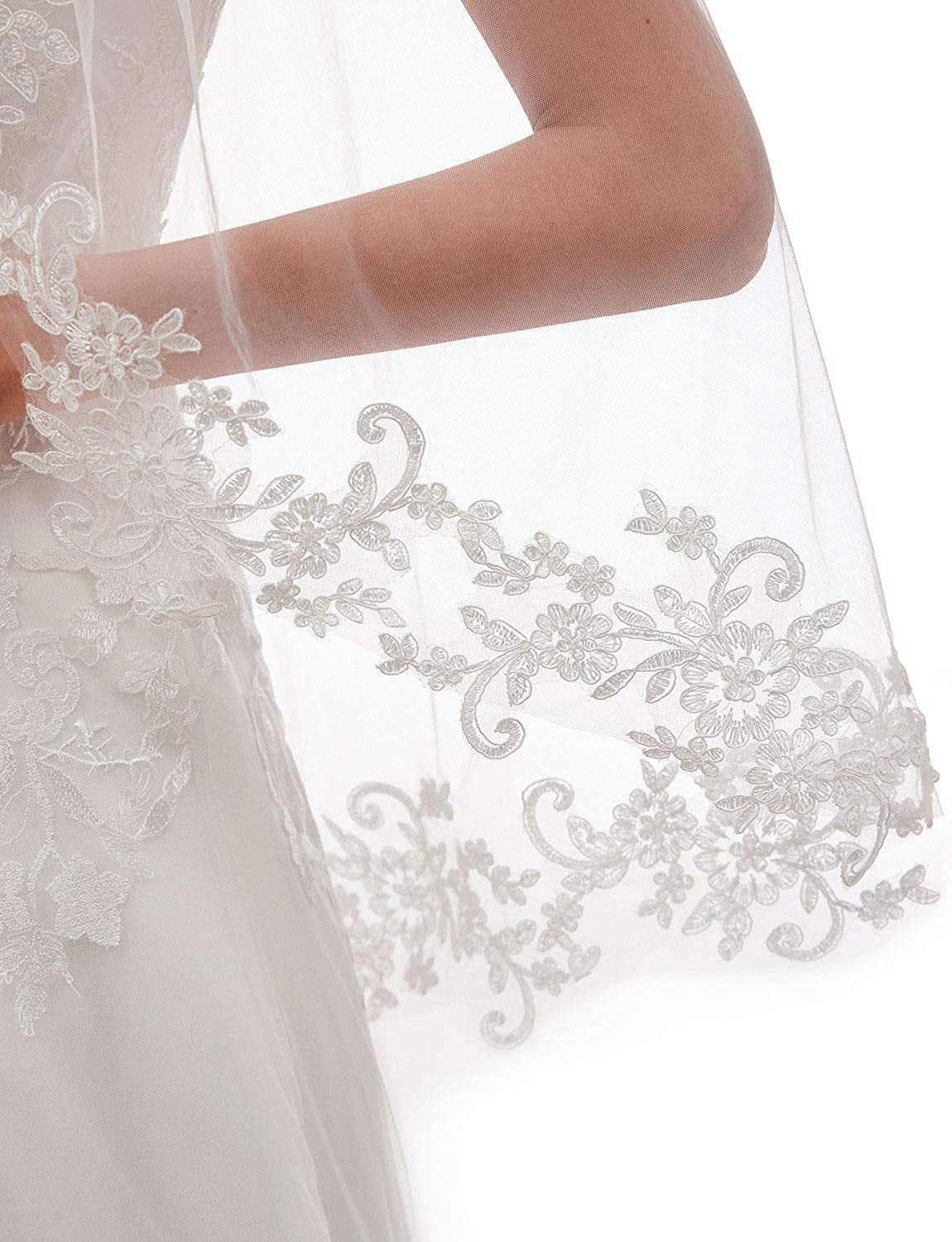 White Elegant Short Bridal Veil - Single Tier with Delicate Lace Applique Edge - Wedding Hair Accessory